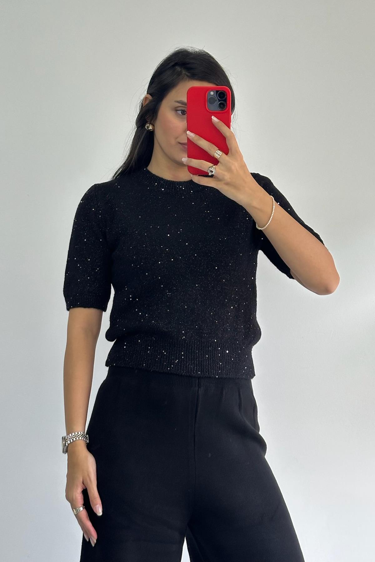 Bisiklet Yaka Simli Pullu Siyah Triko Kazak