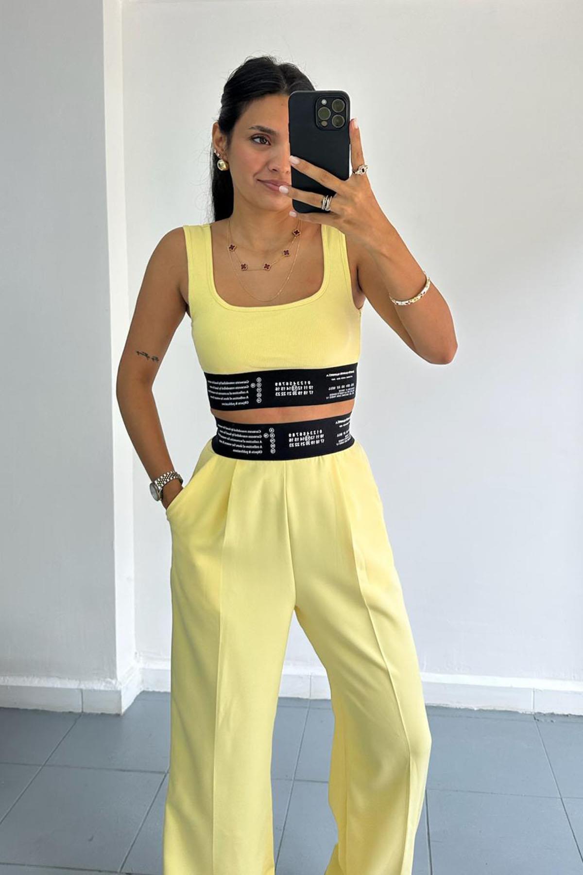 Beli Lastik Detaylı Sarı Crop Atlet