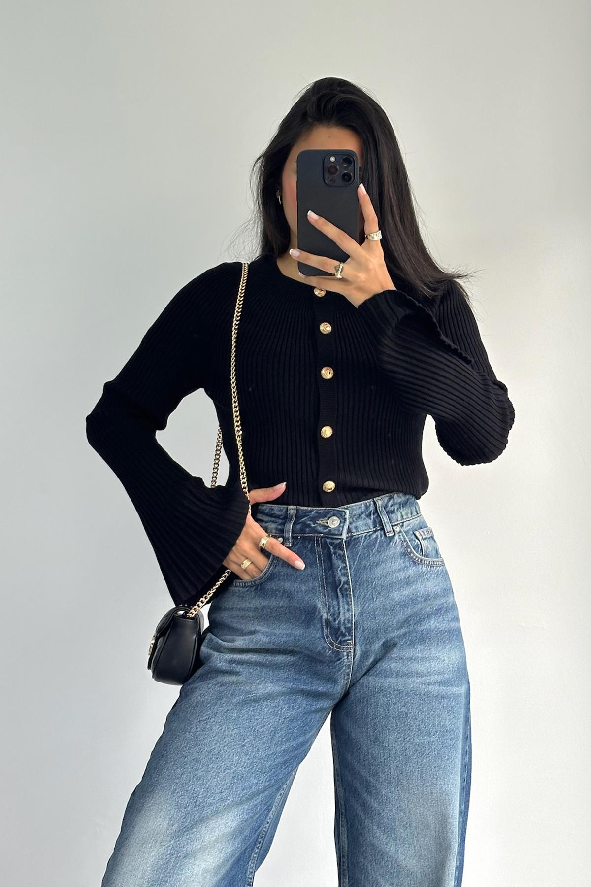 Bisiklet Yaka Düğmeli İspanyol Kol Siyah  Triko Hırka