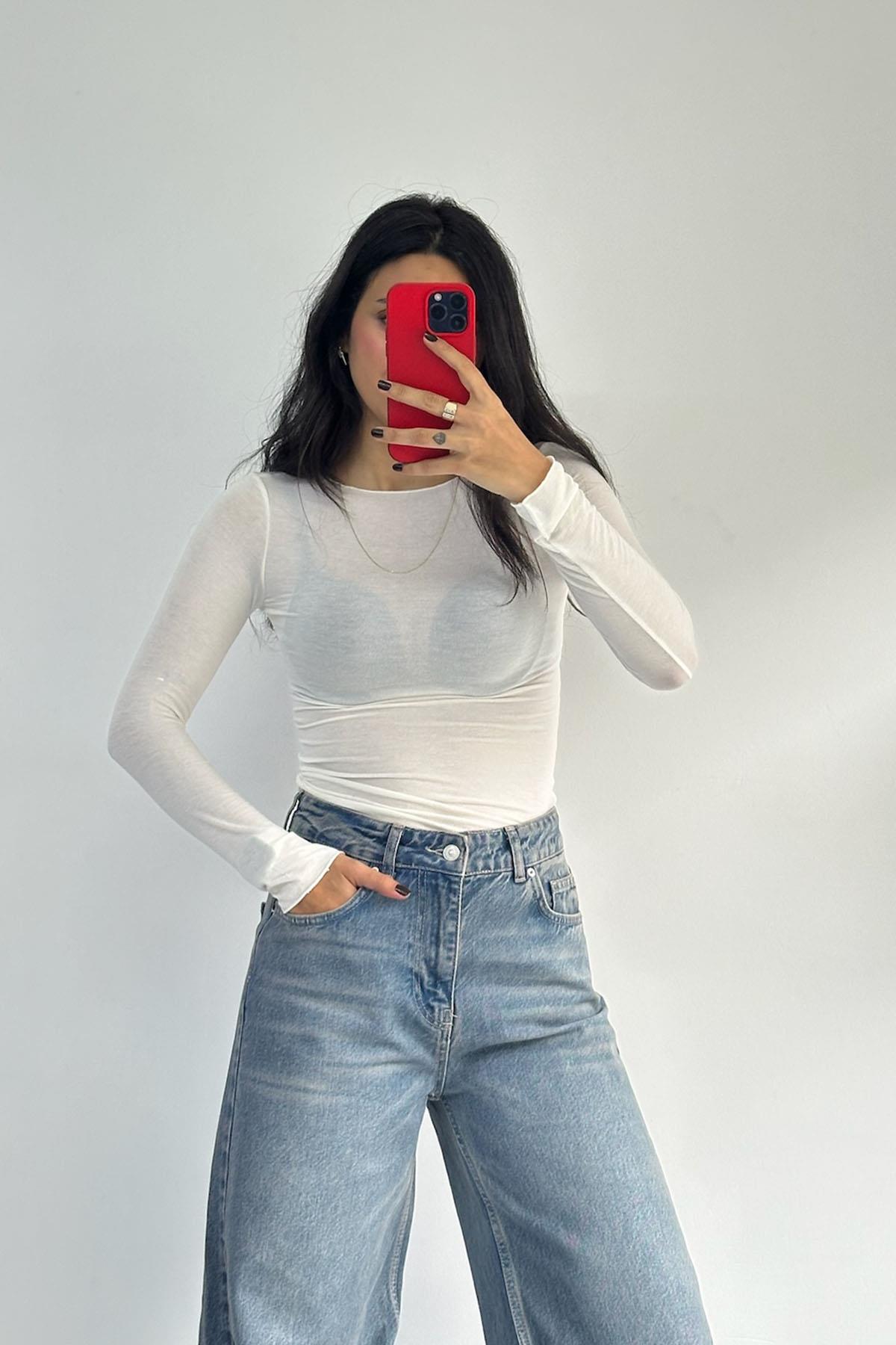 Kayık Yaka Modal Ekru Kaşmir Ultra Hafif Bluz