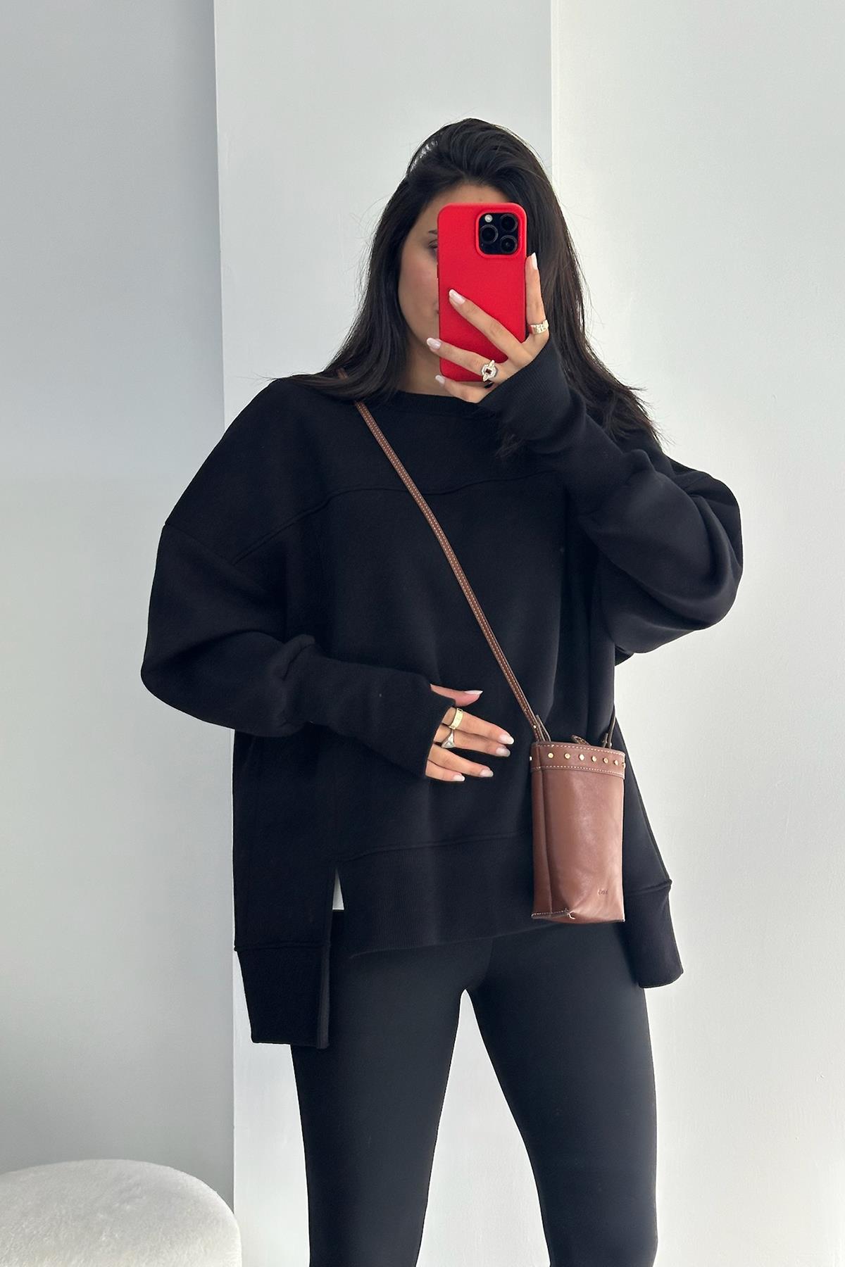 Asimetrik Siyah Basic Sweatshirt