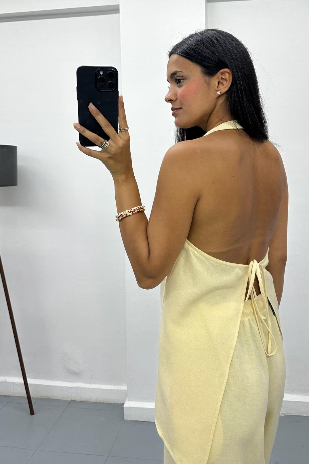 Sırt Detaylı Keten Sarı Takım