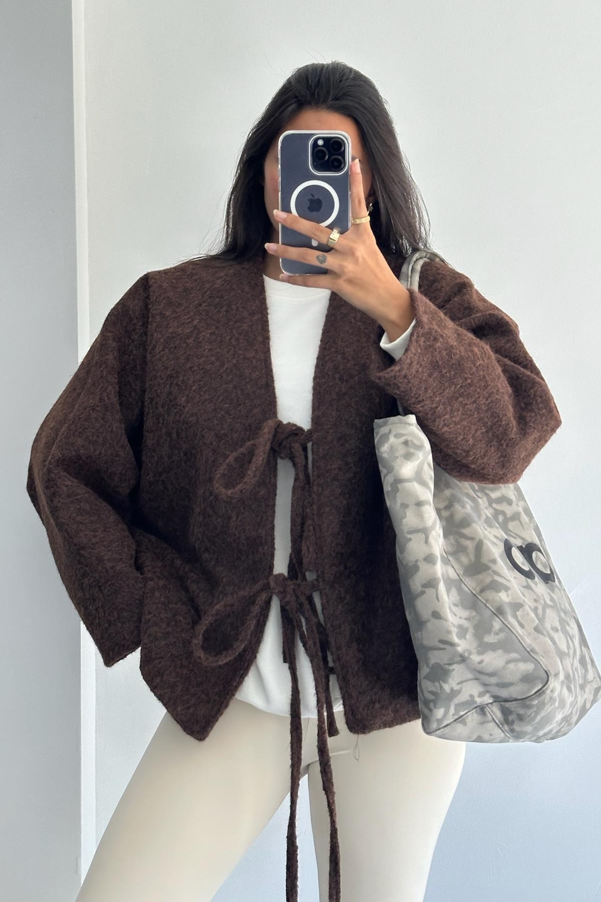 Önden Bağlamalı Kaşe Kahverengi Ceket