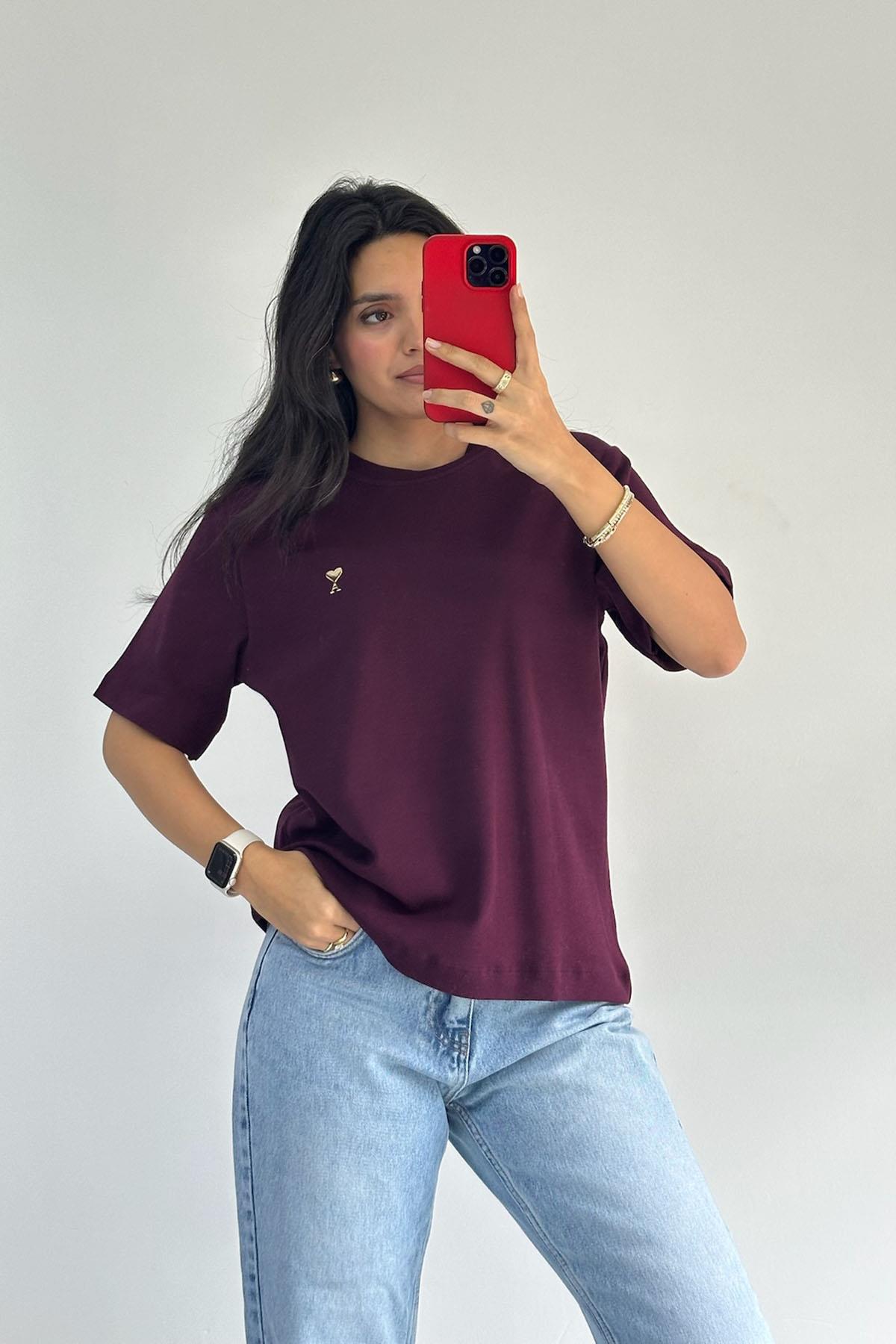 Gold Metal Logolu Bordo Basic Tshirt