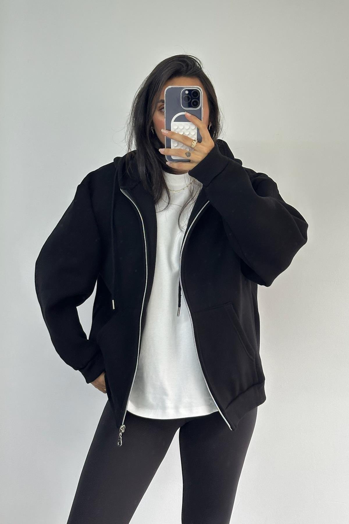 Enjeksiyon Logo Baskılı Fermuarlı Siyah Sweatshirt