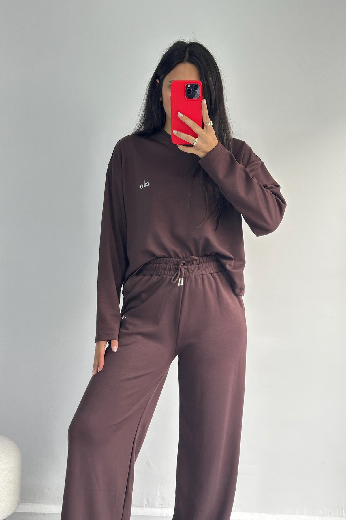 Logolu Uzun Kollu Modal Kahve Takım