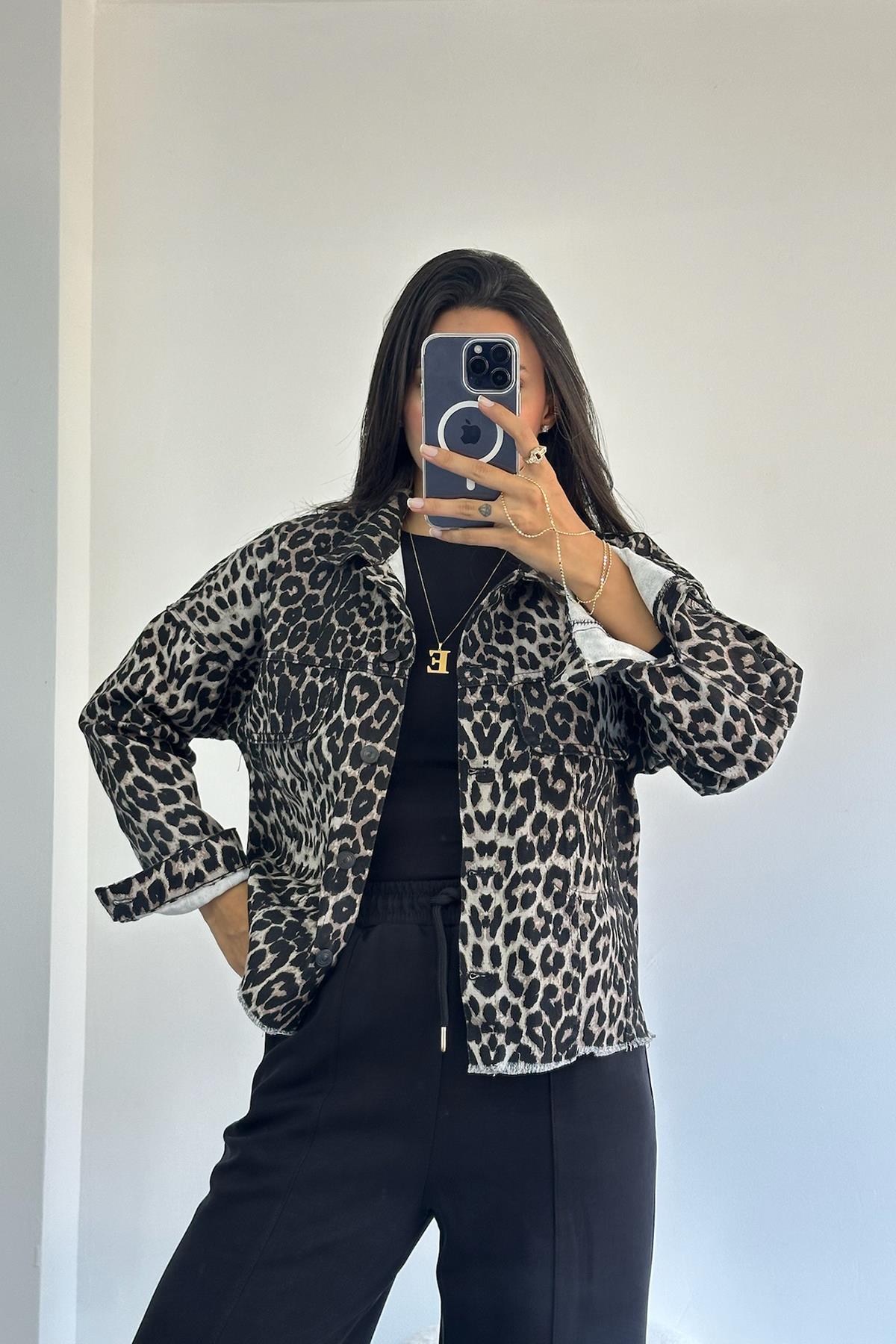 Leopar Print Denim Ceket