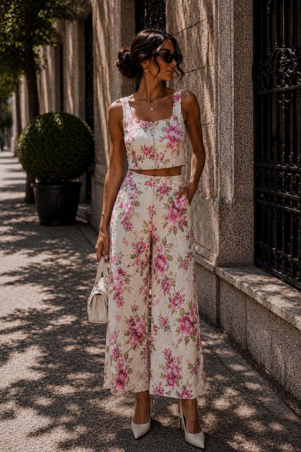 Pembe Çiçek Detaylı Crop Pantolon Takım
