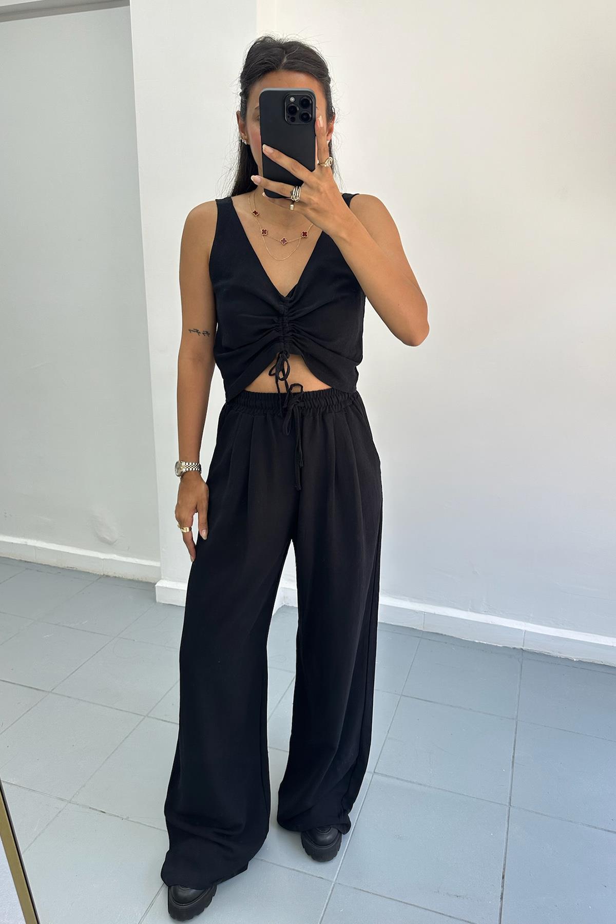 Çift Pile Keten Siyah Takım