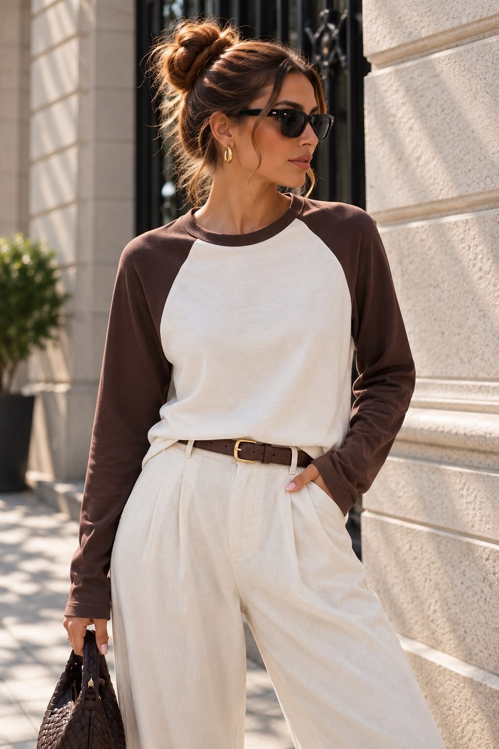 Kahve Beyaz Reglan Kol Uzun Kollu Basic Bluz