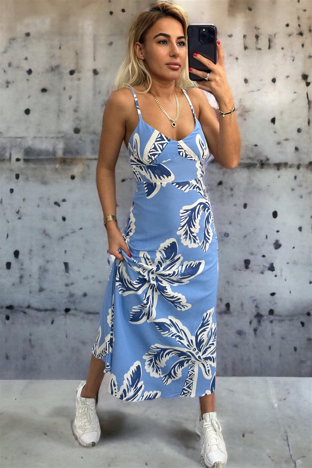 Açık Mavi Çiçek Desen Midi ElbiseELBİSE