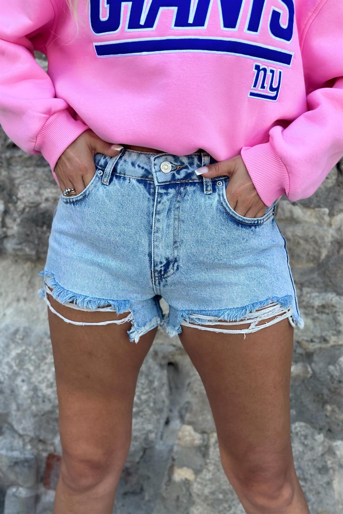 Açık Mavi Lazer Kesikli Denim ŞortŞORTLAR