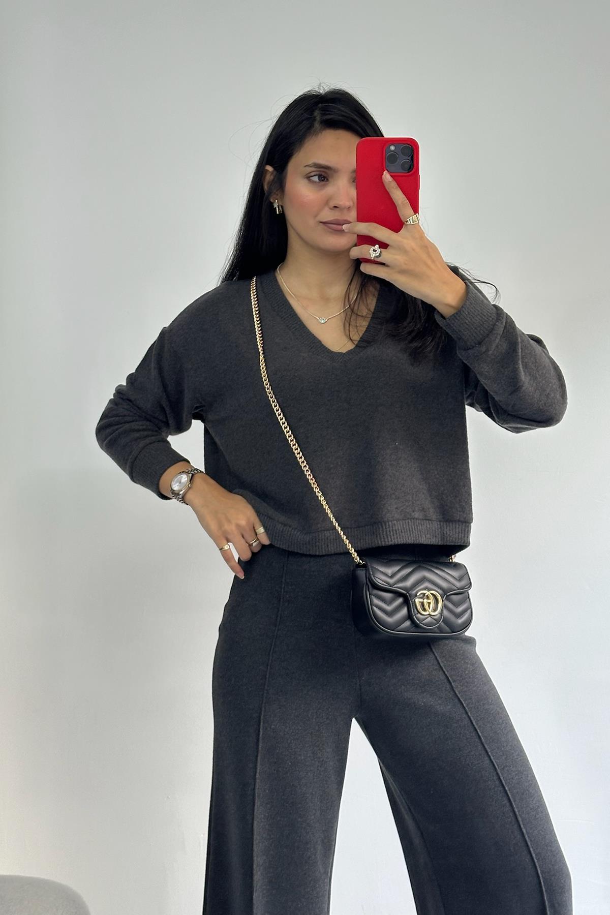 V Yaka Yumoş Kumaş Antrasit Bluz