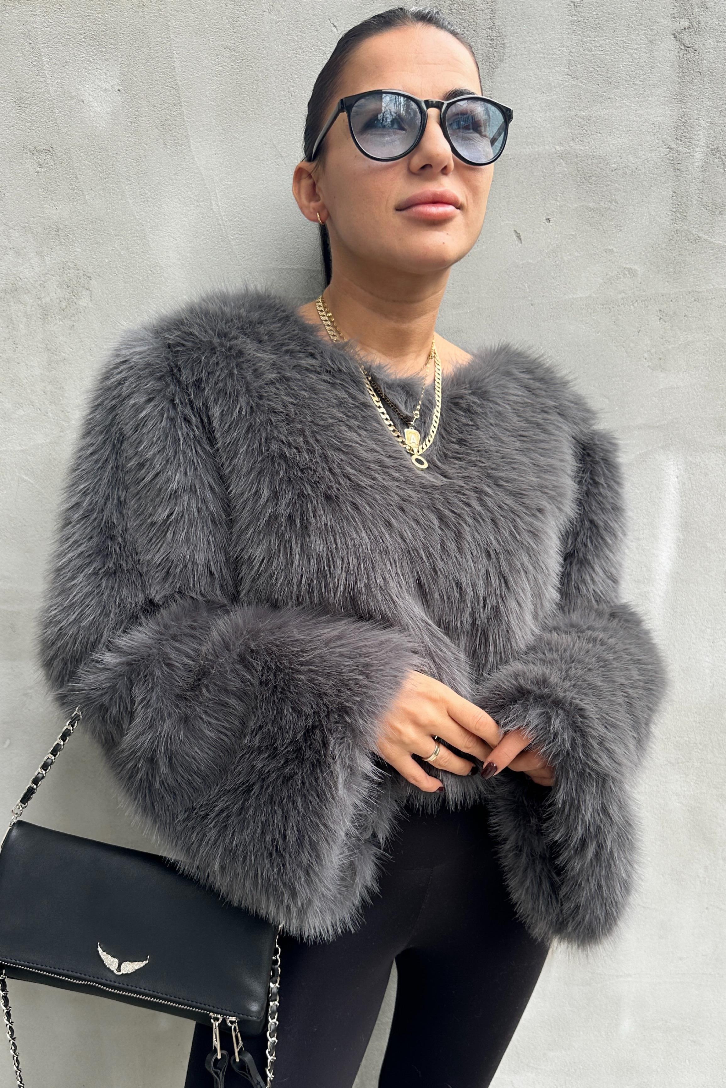 Antrasit Astarlı Kürk CropKAZAK