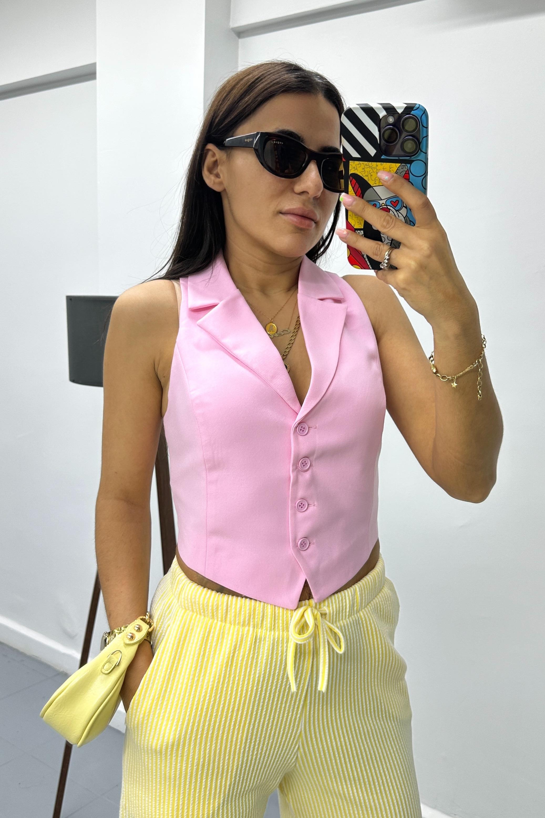 Arkası Bağlamalı Düğmeli Dokuma Pembe YelekYELEK