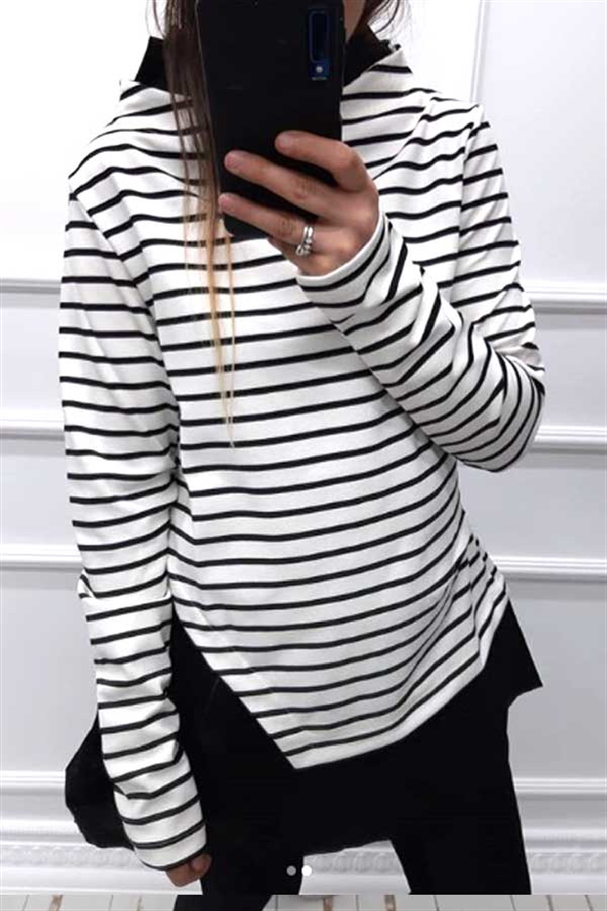 Asimetrik Poplin Detay Çizgili Sweatshirt