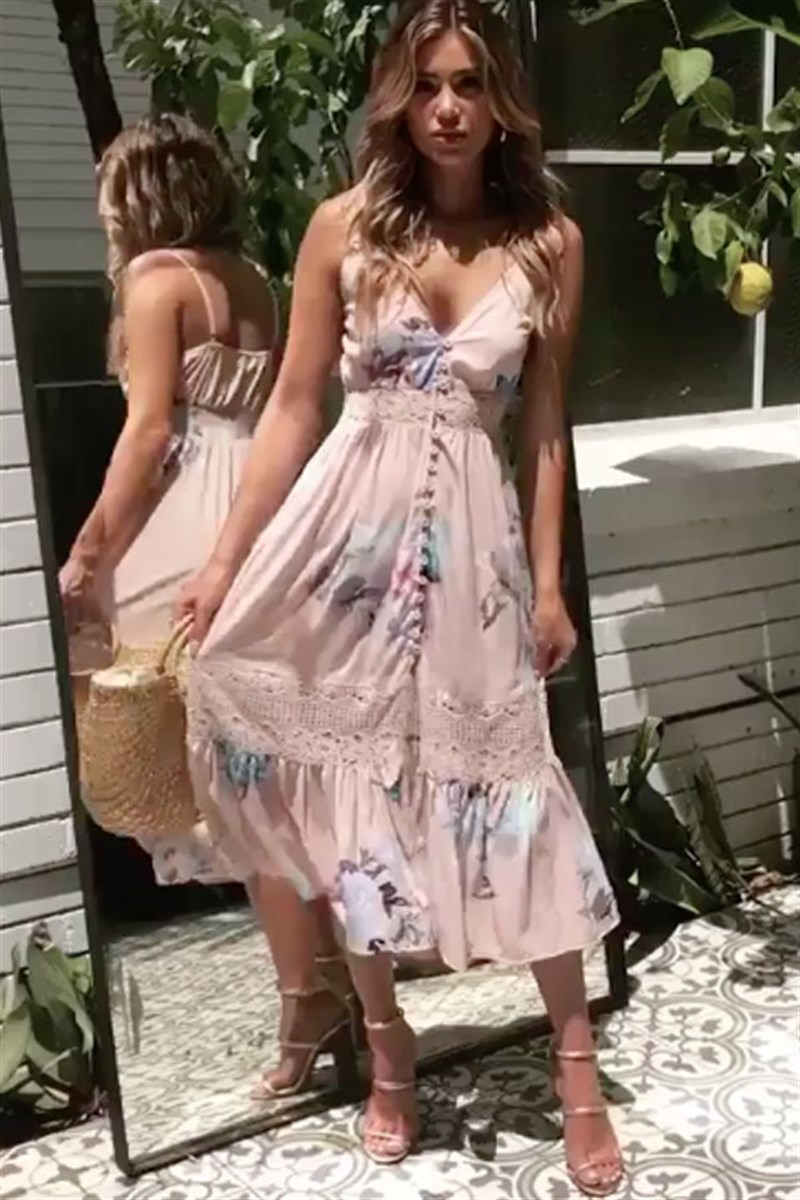 Askıl Güpürlü Çiçekli Pembe Elbise