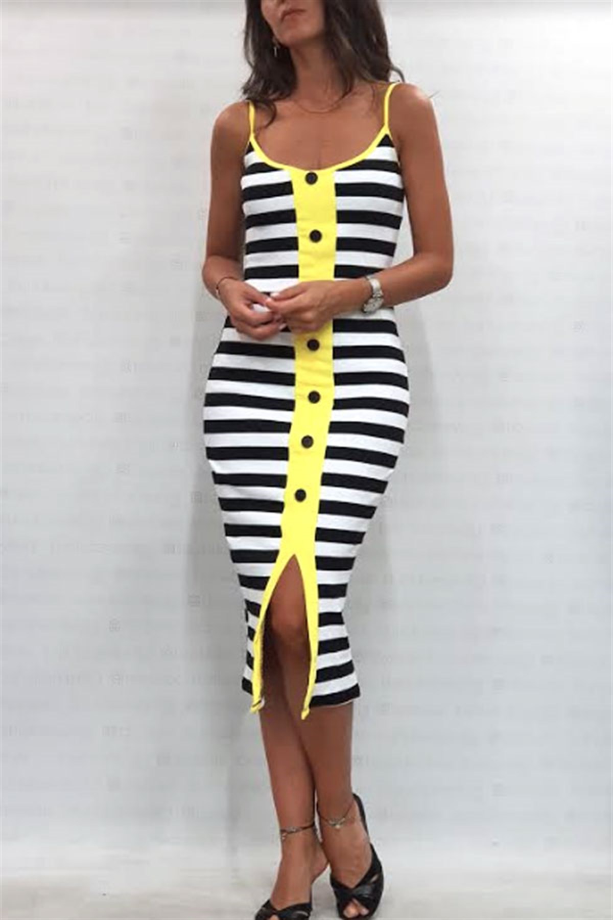 Askılı Çizgili Sarı Biyeli Elbise