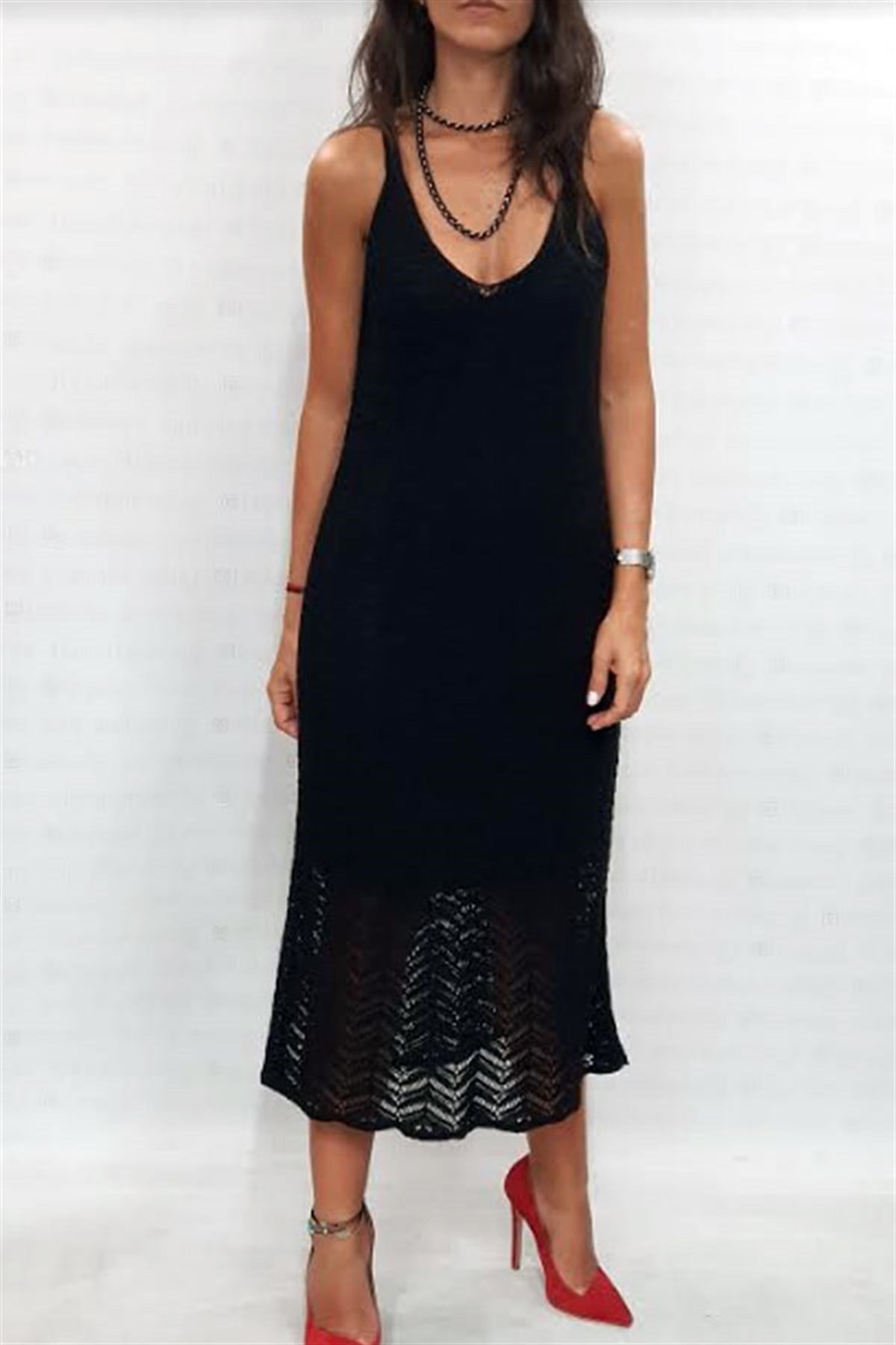 Askılı Zigzag File Triko Elbise