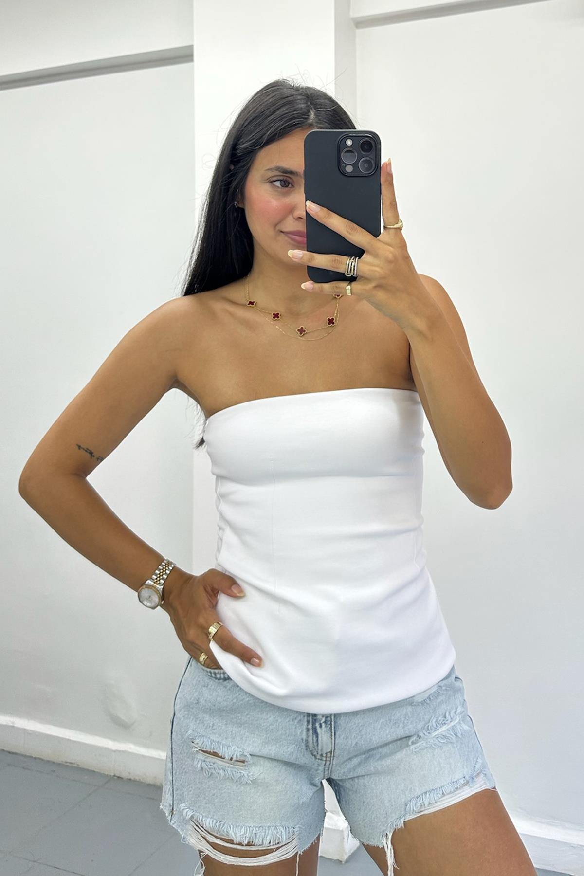Straplez Beyaz Top