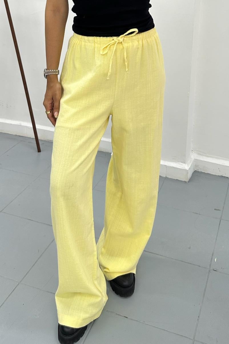 Sarı Beli Lastikli Keten Pantolon