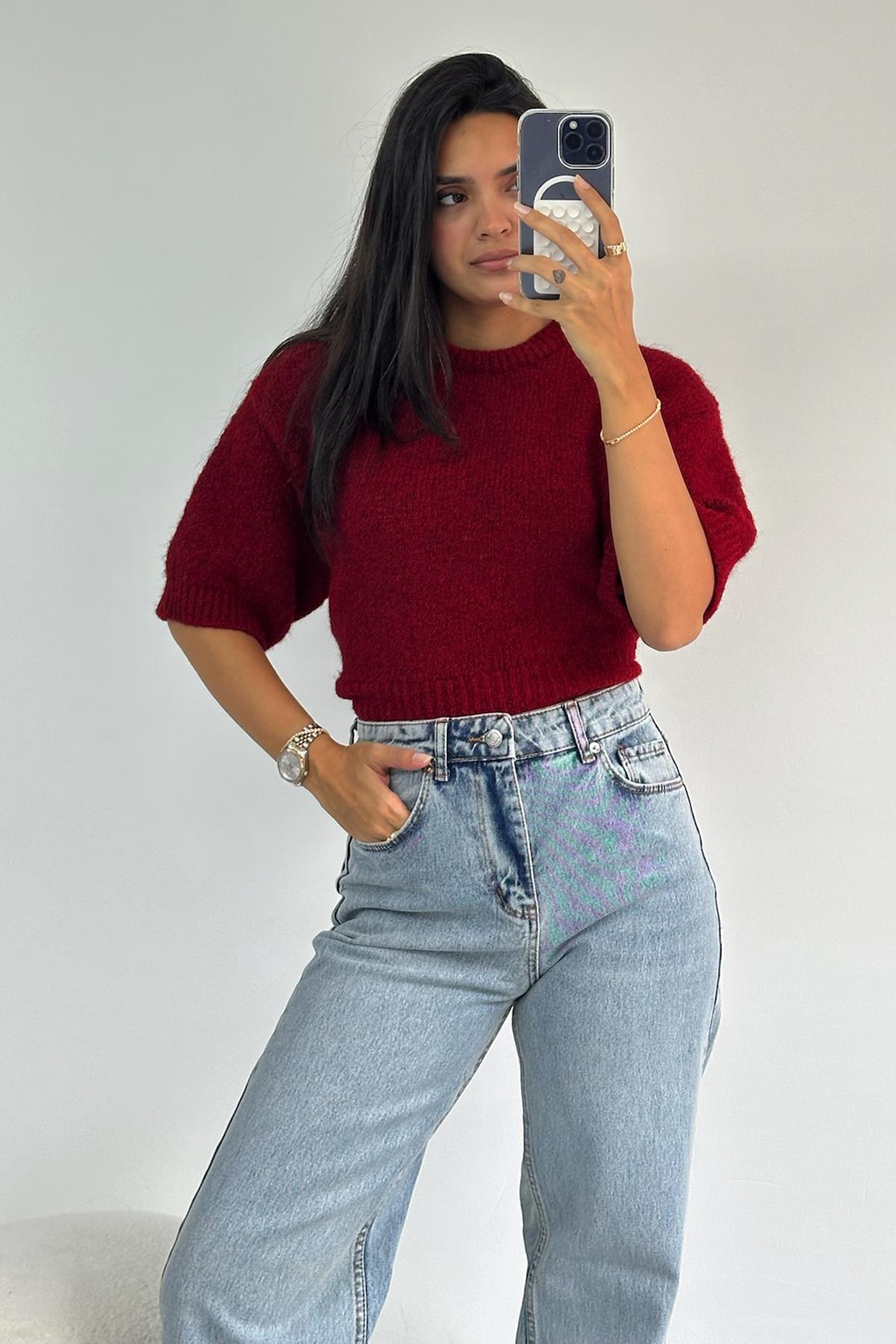 Bisiklet Yaka Kısa Kollu Bordo Triko Kazak