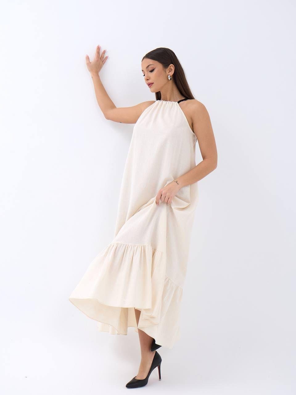 Boyundan Bağlamalı Uzun Keten Bej Elbise