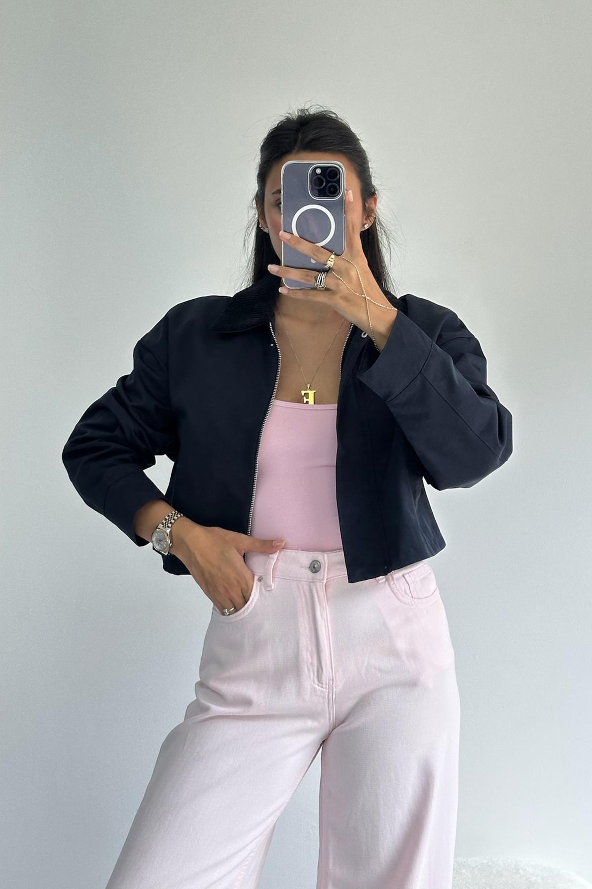 Ribanalı Siyah Bomber Ceket