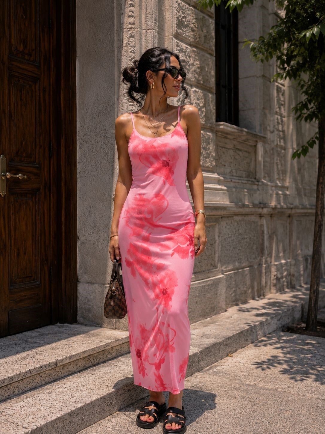 Pembe Desenli Astarlı Midi Elbise