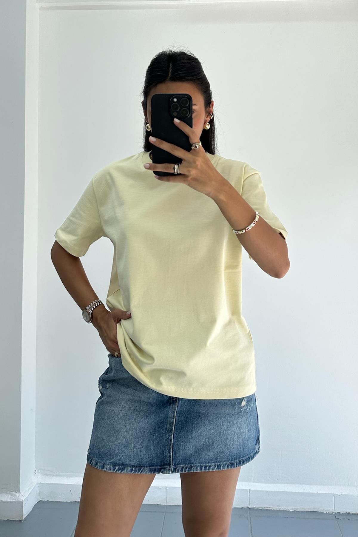 Kalın Yaka Basic Limon Sarı Tshirt 