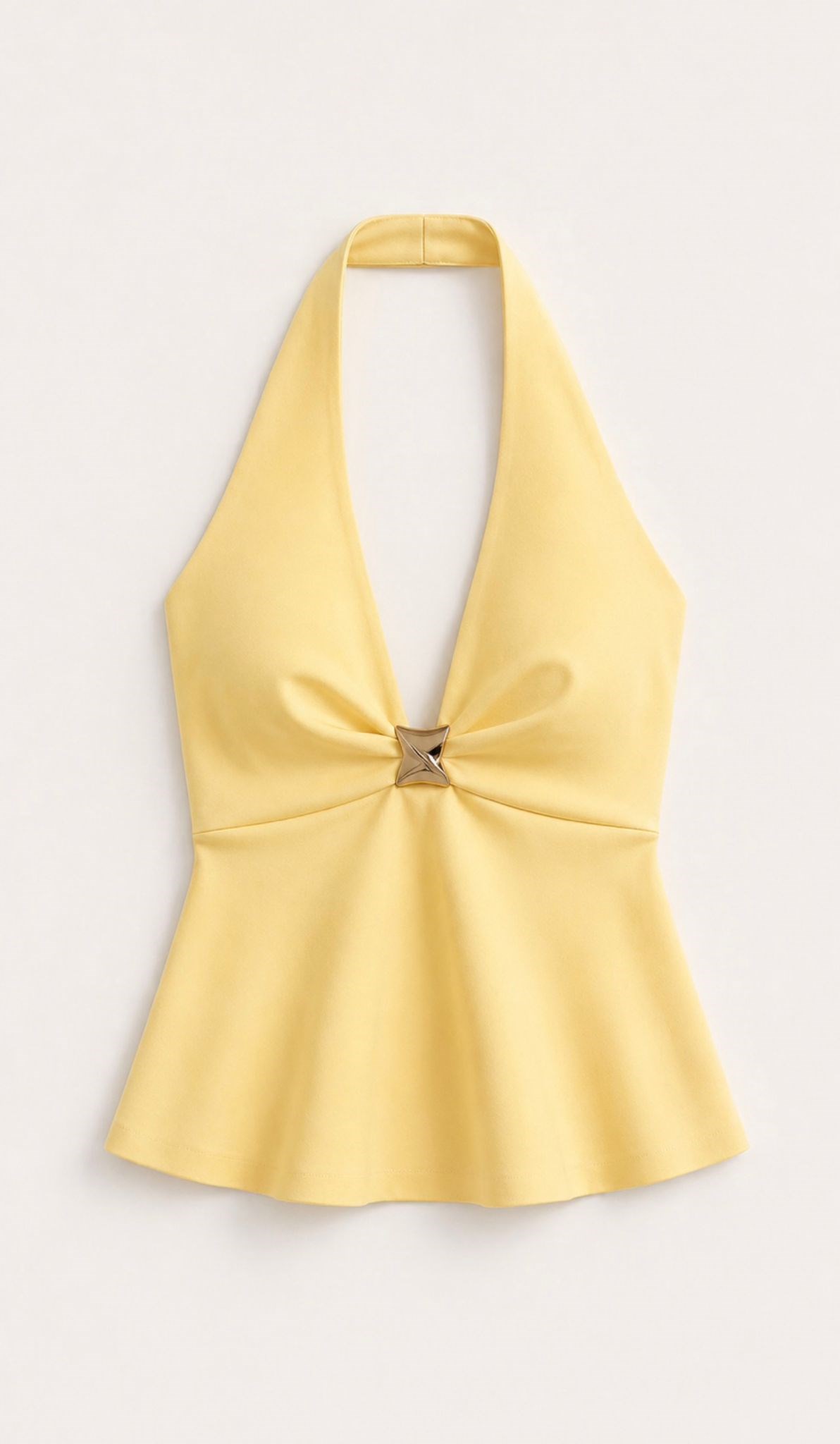 Halter Yaka Metal Detaylı Peplum Sarı Triko Bluz