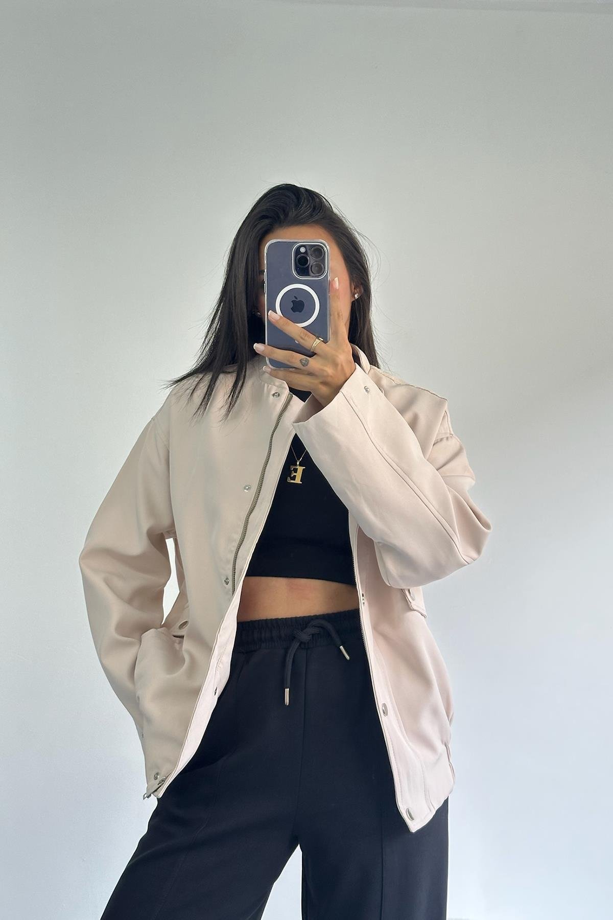 Bej Uzun Bomber Ceket