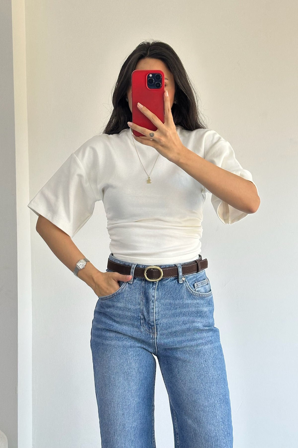Bel Oturmalı Yarasa Kol Ekru Tshirt