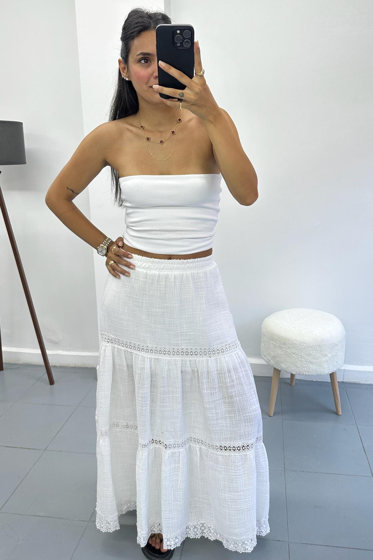 Güpür Detaylı Keten Müslin Ekru Etek