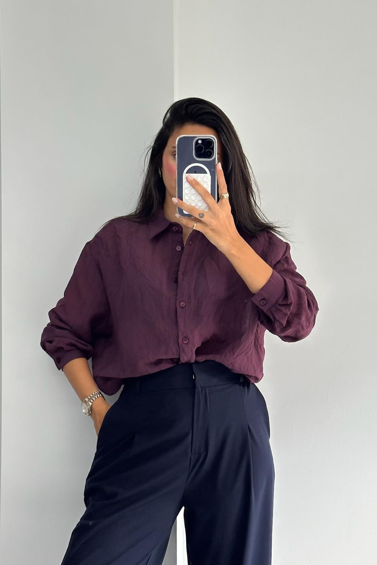 Oversize Uzun Kollu Mürdüm Gömlek