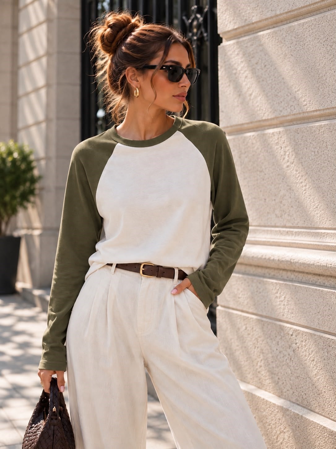Haki Beyaz Reglan Kol Uzun Kollu Bisiklet Yaka Basic Bluz