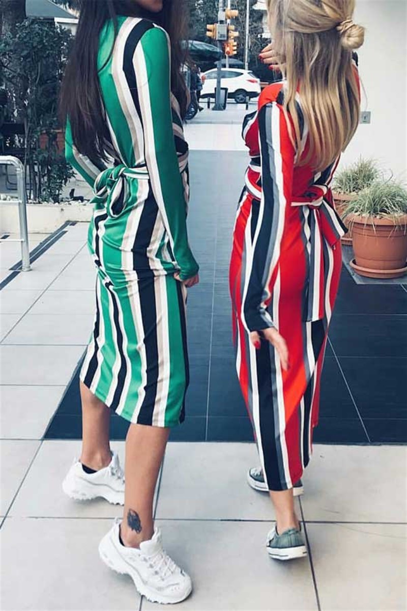 Baglama Detaylı Çizgili Elbise