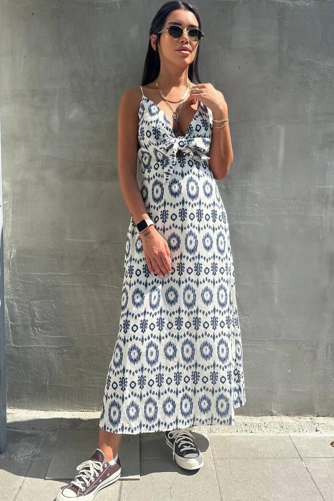 Bağlama Detaylı Desenli Midi ElbiseELBİSE