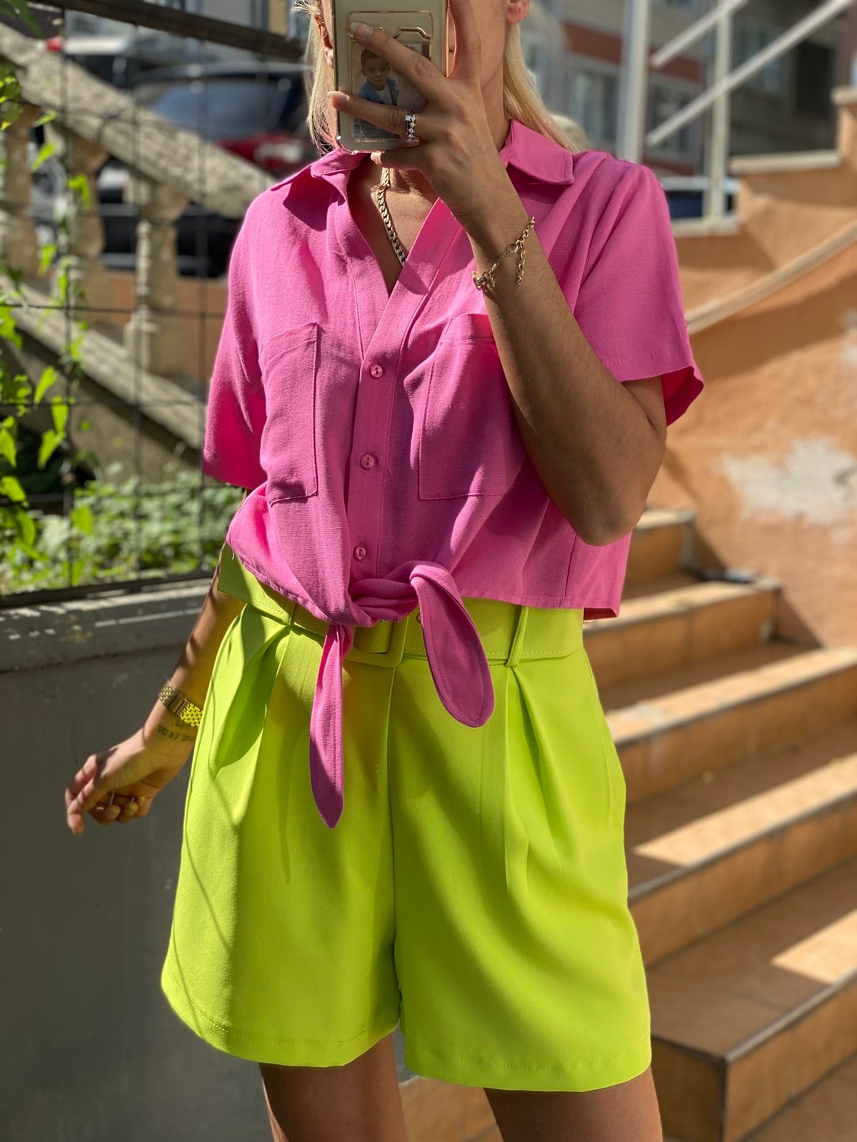 Bağlamalı Keten Pembe GömlekGÖMLEK