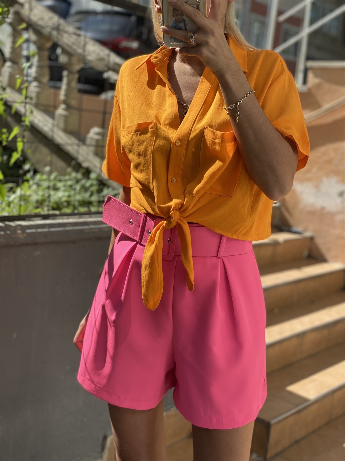 Bağlamalı Keten Turuncu GömlekGÖMLEK