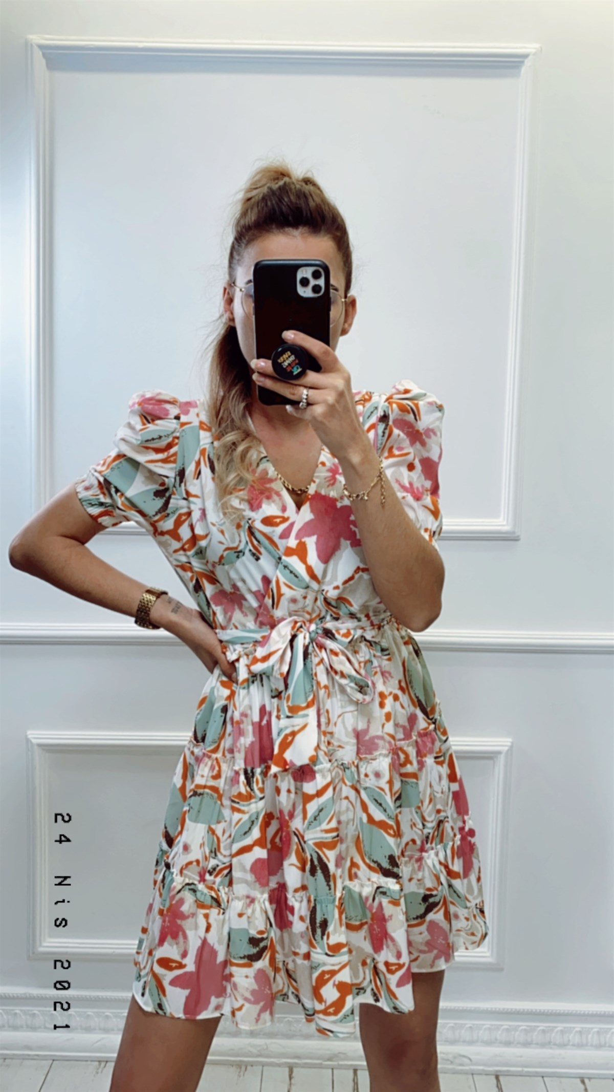 Balon Kol Kruvaze Kapamalı Mini Elbise