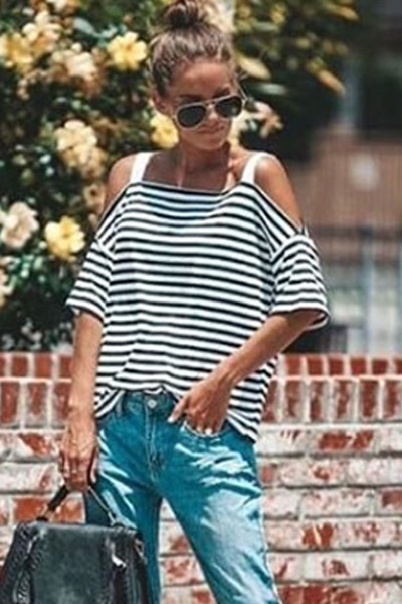 Bant Askılı Çizgili Bluz