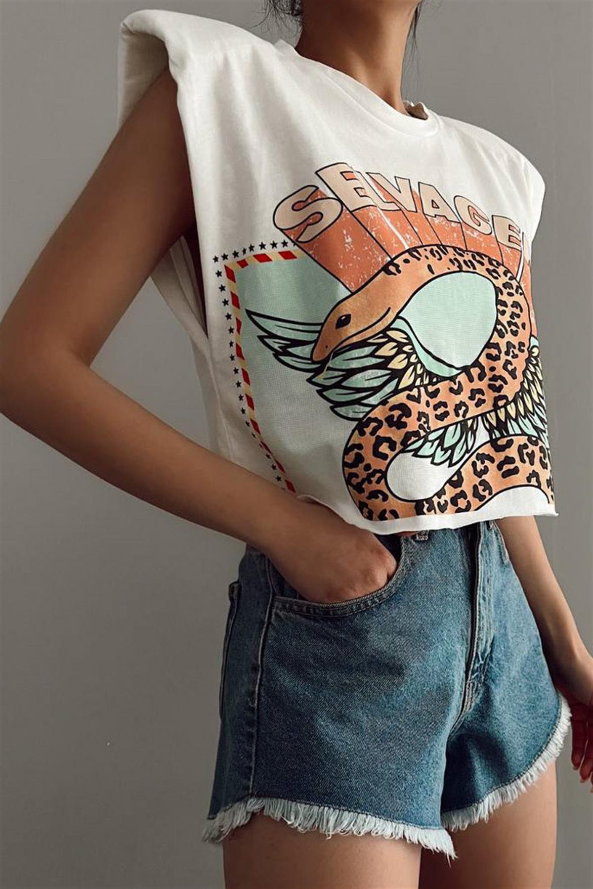 Baskılı Vatkalı Crop TshirtTSHİRT