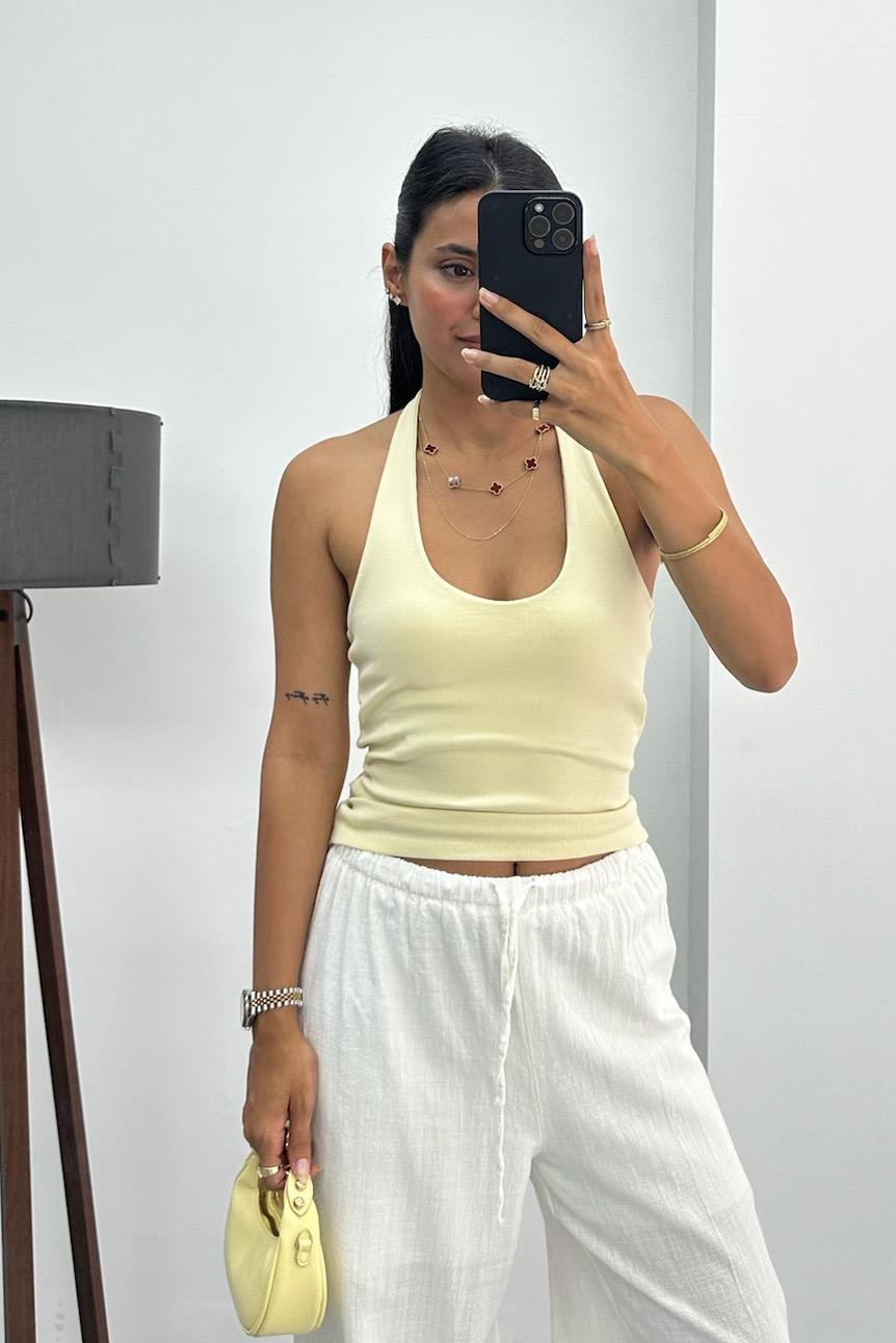 Halter Yaka Boyundan Bağlamalı Açık Sarı Top