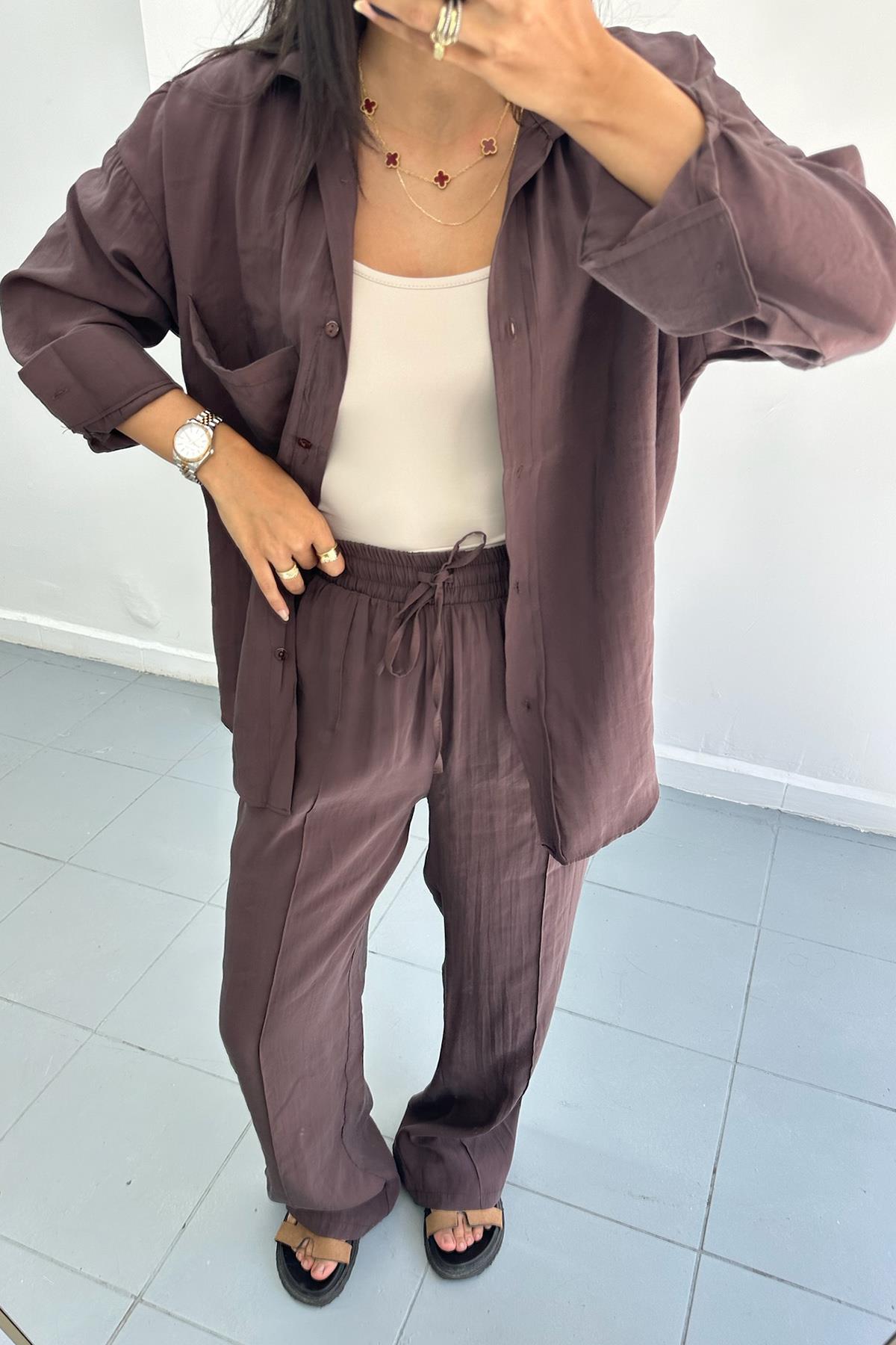 Tansel Kumaş Gömlek Pantolon Kahverengi Takım