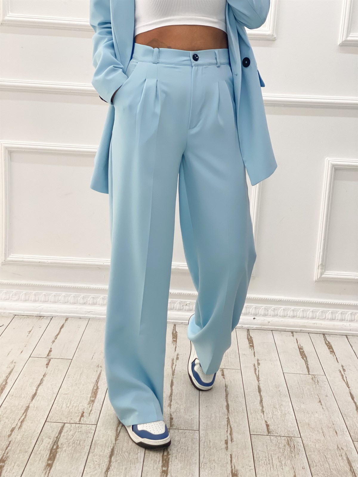 Bebe Mavisi Blazer Ceket Palazzo Pantolon Takım