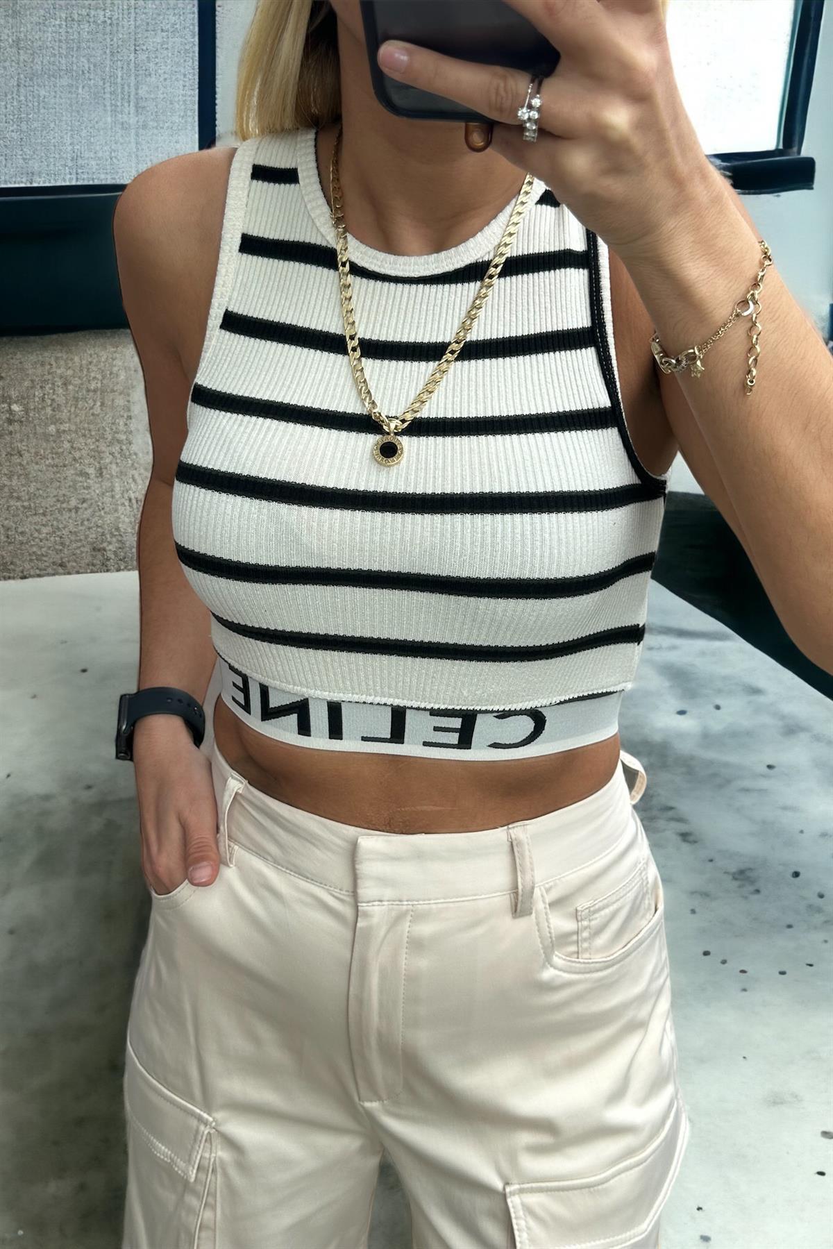 Bej Çizgili Kolsuz CropCROP