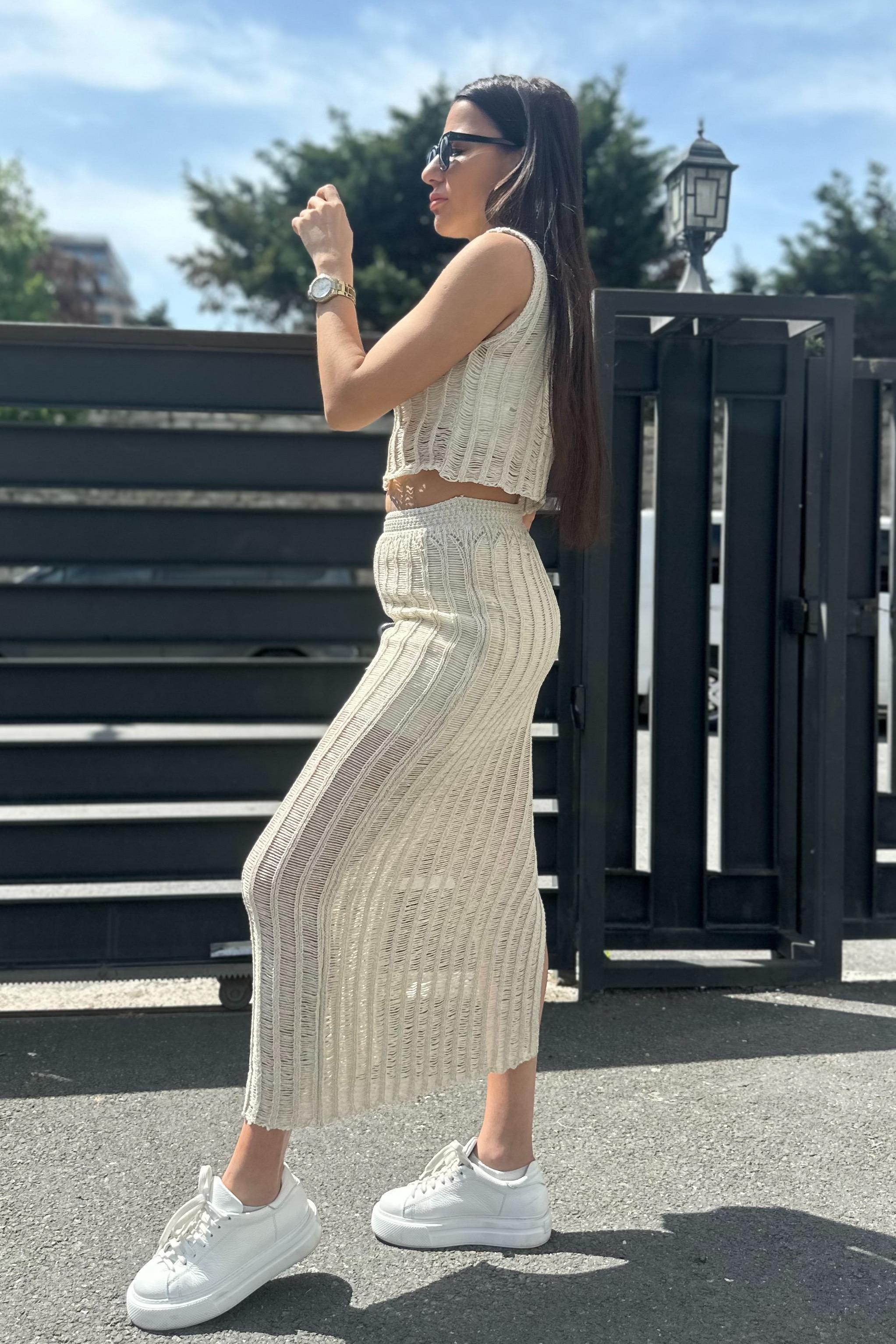 Bej File Miidi Etek Crop Bluz TakımTAKIMLAR