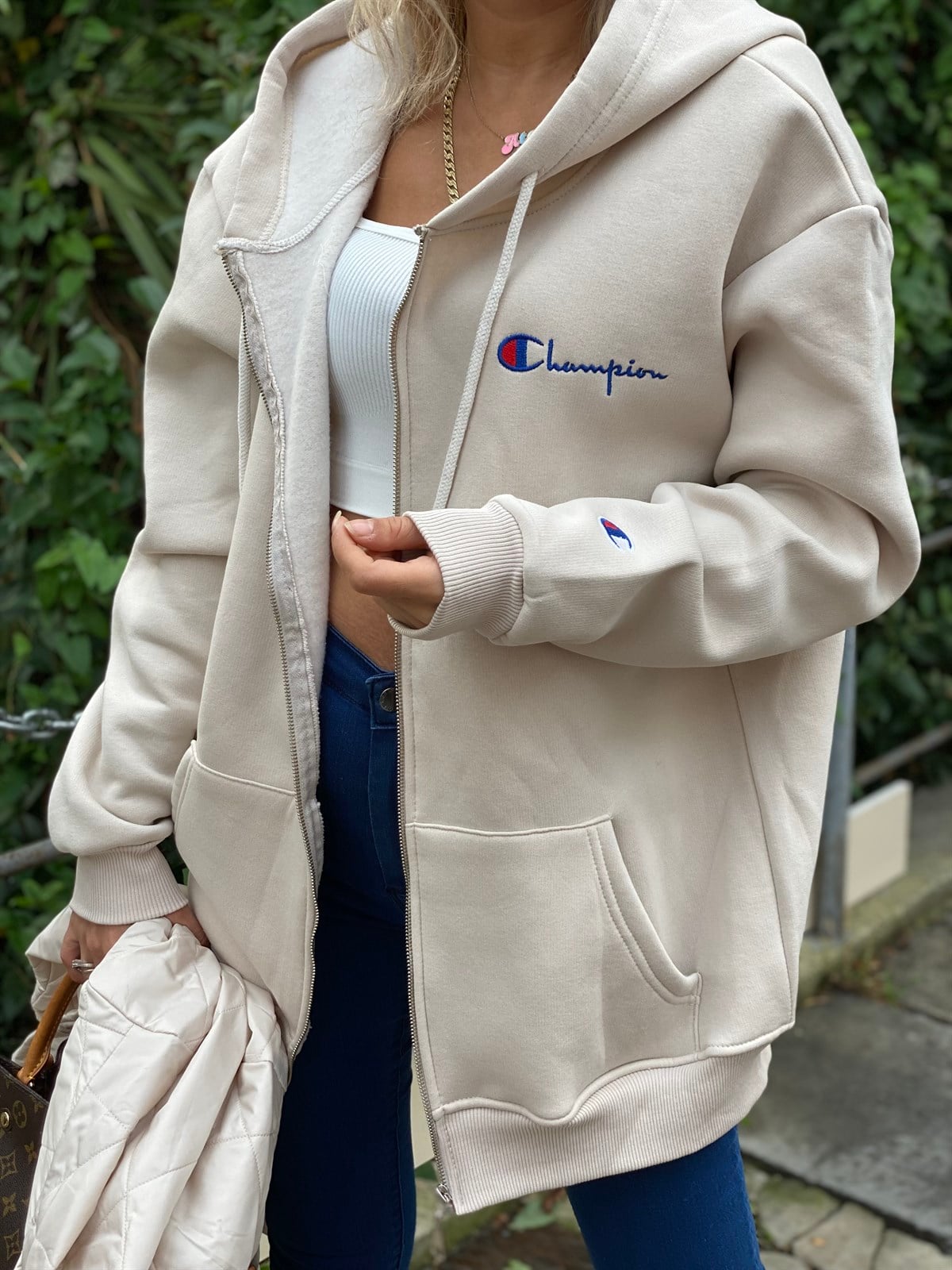 Bej Kapüşonlu Fermuarlı Logolu SweatSWEATSHİRT