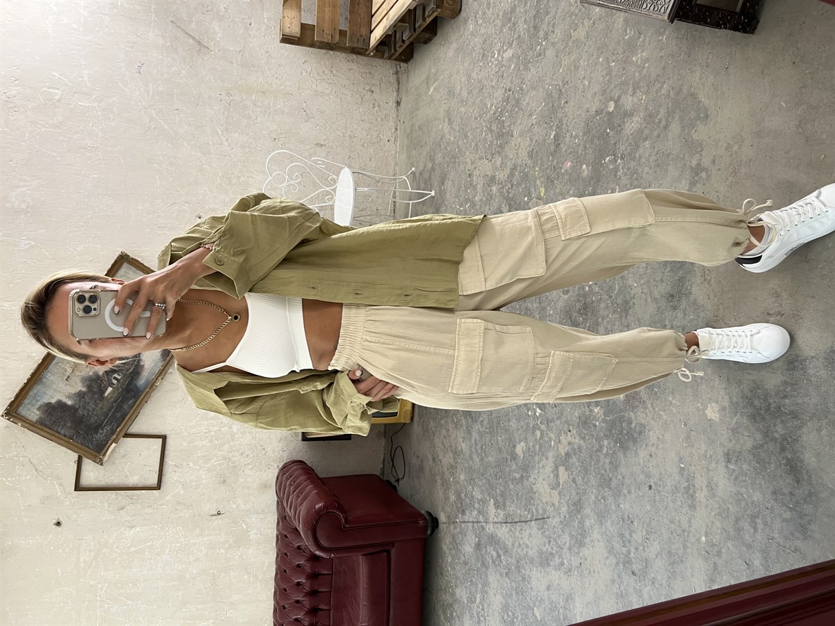 Bej Kargo Cepli Gabardin PantalonPANTOLON
